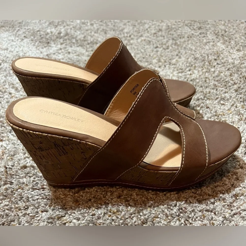 Cynthia Rowley Porter Leather Wedge Sandal Shoes Tan SZ 9 M - Picture 2 of 11